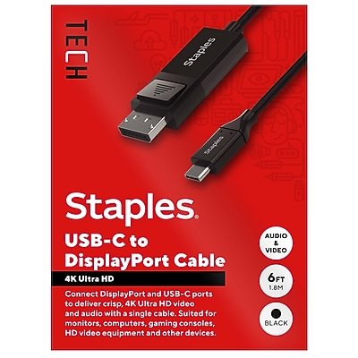 Staples TECH - 6 ft. USB-C to DisplayPort Audio/Video Cable, Male to Male, (ST62471) - Black