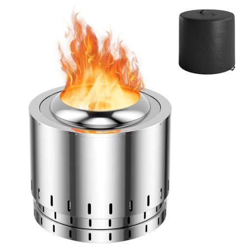 Costway 19.5" Smokeless Fire Pit Stainless Steel Wood Burning Firepit w/ Rain Cover - Silver