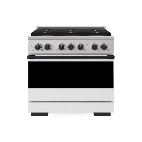 Front. ZLINE - Autograph 36 in. 5.2 cu. ft. Marino Dual Fuel Freestanding Range with 6 Gas Burner Cooktop with White & Black Accents - White Matte.