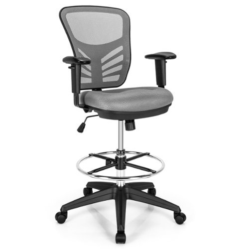 Costway - Drafting Mesh Office Chair with Adjustable Armrests and Foot-Ring - Gray-Front_Standard 