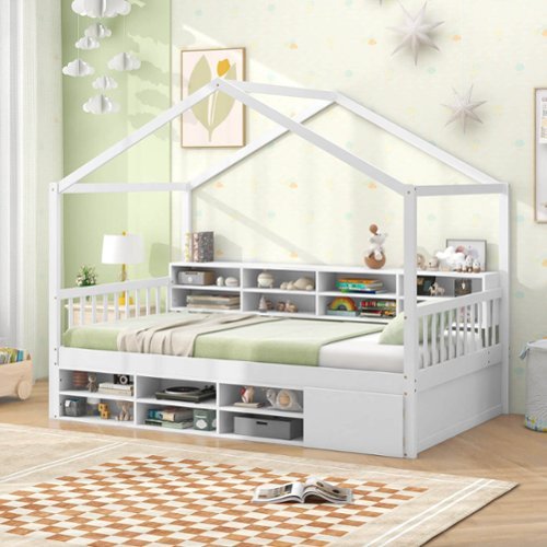 Costway Twin Size House Bed Wooden Platform Bed Frame with Roof & 14 Storage Cubes - White