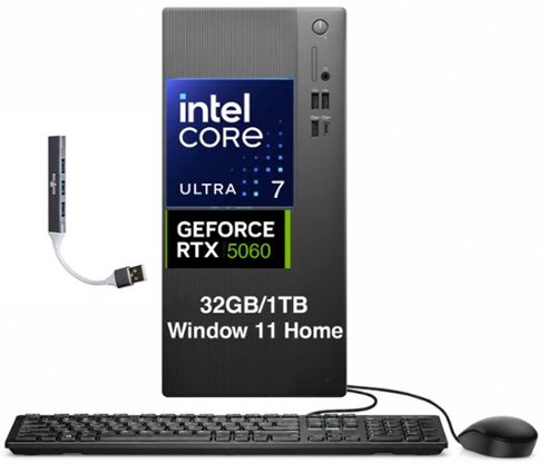 Dell - Tower ECT1250 Desktop (Ultra 7 265F, 32GB, 1TB SSD, GeForce RTX 5060, WiFi 6, Bluetooth 5.4, Win 11 Home) w/USB Hub - Black-Front_Standard 