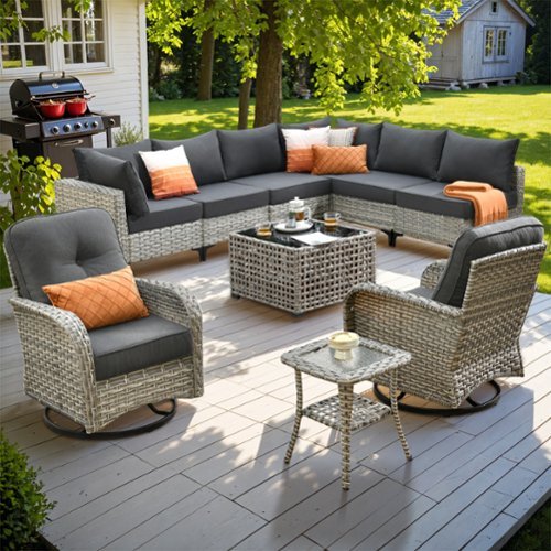 Ovios - 10 PCS Outdoor Patio Furniture Sectional Conversation Set with Swivel Chairs & Coffee Table - Black-Front_Standard 