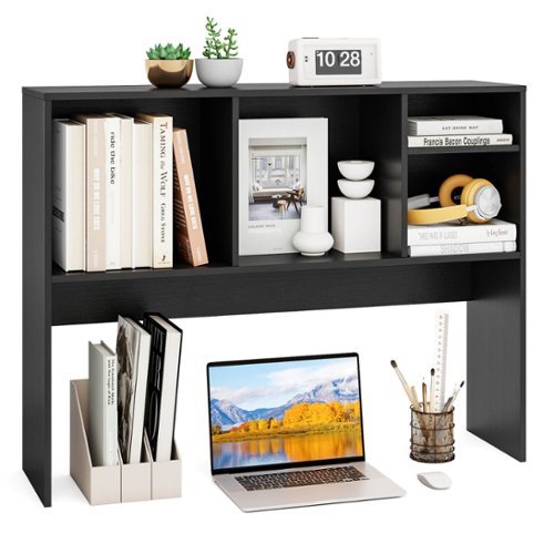 Costway - Computer Desktop Bookcase Countertop Storage Bookshelf Organizer with 4 Cubbies - Black-Front_Standard 
