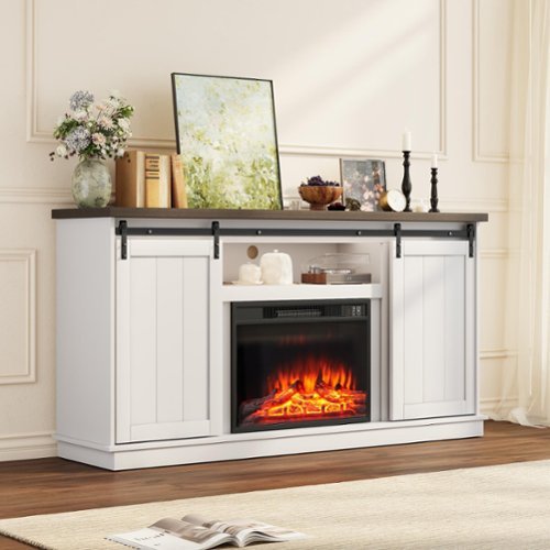 U-HOMY - 63" Farmhouse Fireplace TV Stand with Sliding Barn Doors, Adjustable Shelves and Electric Heater for TVs up to 65" - White-Front_Standard 