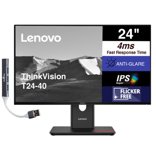 Lenovo - ThinkVision 24" FHD IPS, Anti-Glare, Flicker-Free, VESA Mount (100mm), VGA, HDMI & w/DKZ Hub, Color - Black-Front_Standard 