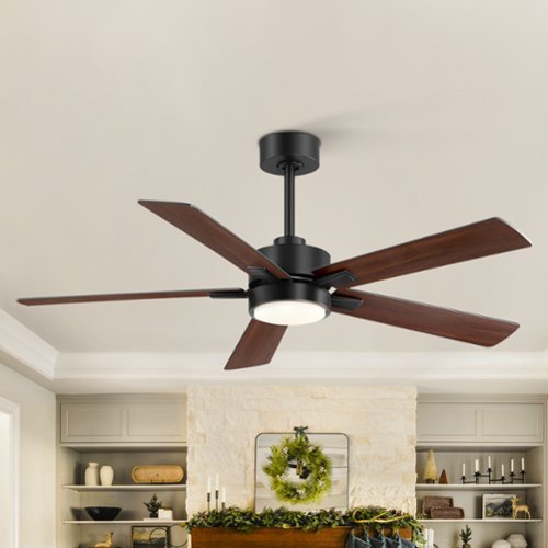 Breezary - 52" Modern Indoor Ceiling Fan with LED Light, 5 Reversible Plywood Blades, 6-Speed DC Motor, Remote, Timer, 5" Downrod - Matte Black and Two-tone Wood Grain-Front_Standard 