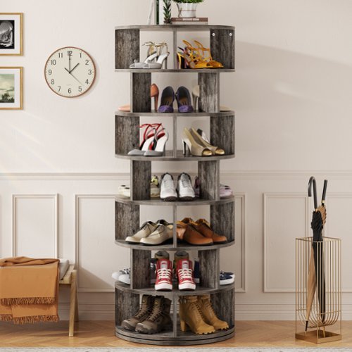 Aheaplus - 7-Tier 360° Rotating Shoe Rack Tower - Vertical MDF Organizer for Closet Storage, Free-Standing Lazy Susan Display - Gray Oak-Front_Standard 