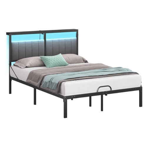 Bestier - Full Size Bed Frame with Upholstered Headboard，Metal Platform with LED Lights, USB Charging Station & Storage Shelf - Grey Fabric-Front_Standard 