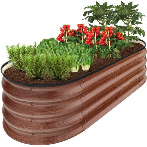 Best Choice Products - 4x2x1ft Outdoor Raised Metal Oval Garden Bed, Planter Box for Vegetables, Flowers - Wood Grain-Front_Standard 