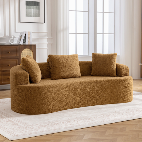 KERDOM - 80" Curved Loveseat for Small Space, Modern Teddy Sofa Couch with 3 Pillows for Apartment, Bedroom, No Assembly Required - Brown-Front_Standard 