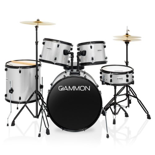 Gammon Percussion - 5pc Adult Drum Set - Full Size Beginner Percussion Kit with Stool - Silver-Front_Standard 