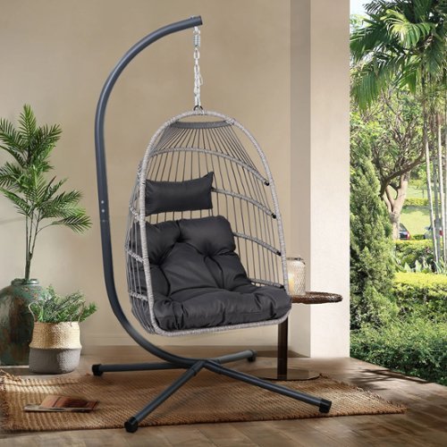 APRILSOUL - Outdoor Egg Hanging Chair with Stand Patio Wicker Swing Egg Chair Indoor Swinging Chair Outdoor Hammock Egg Chair - Black-Front_Standard 