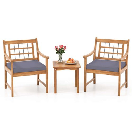 Costway - 3 PCS Acacia Wood Patio Bistro Set Outdoor Chairs with Coffee Table for Porch - Gray-Front_Standard 
