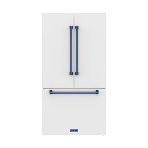 36 in. Wide Gordon Ramsay Series by Thor Kitchen 20.3 Cu. Ft. Counter Depth Refrigerator with Navy Blue Hardware - Matte White