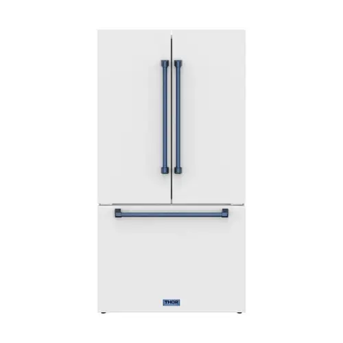 Front. Thor Kitchen - 36 in. Wide Gordon Ramsay Series by Thor Kitchen 20.3 Cu. Ft. Counter Depth Refrigerator with Navy Blue Hardware - Matte White.
