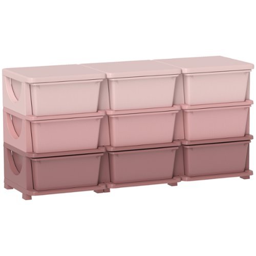 Qaba - 3 Tier Kids Storage Unit, 9 Drawer Chest Toy Organizer, Plastic Bins, Bedroom, Nursery, Living Room, Toddlers - Pink-Front_Standard 