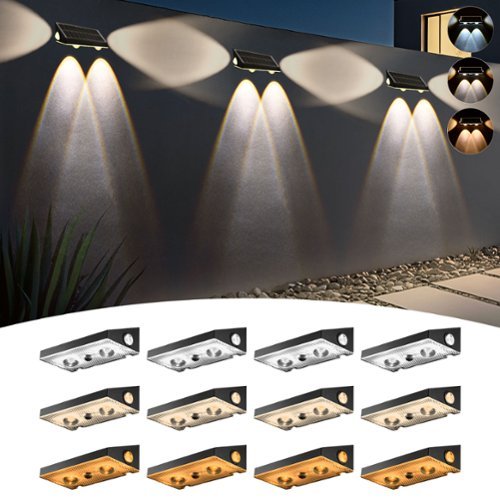 Unique Bargains - 3-way Solar Fence Lights Outdoor 12pcs 3CCT Warm White Cool White 3-Way Solar Deck Lights IP65 Waterproof for Outside - Black-Front_Standard 