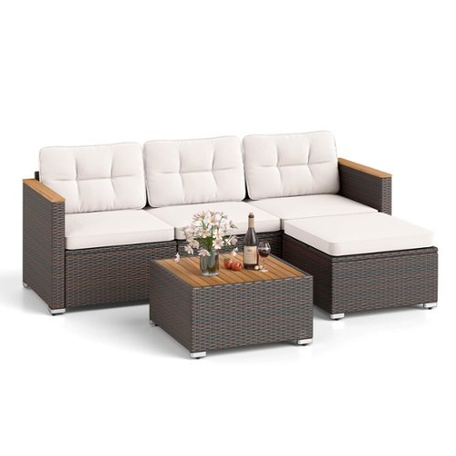 Costway - 5 Piece Wicker Conversation Set Patio Rattan Chair & Coffee Table Set for Porch - Off White