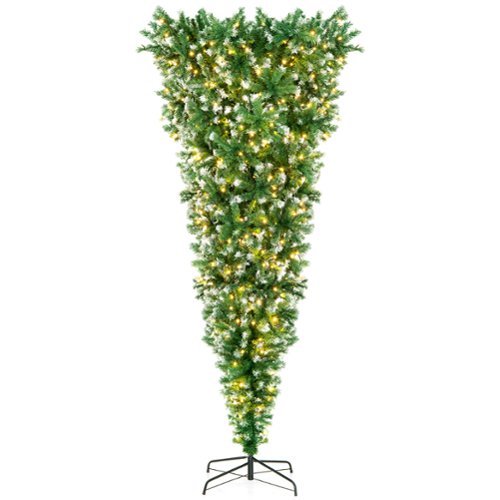 Costway - 7.5FT Pre-Lit Snowy Upside Down Christmas Tree 1100 Tips w/ 400 Lights & 8 Modes - Green