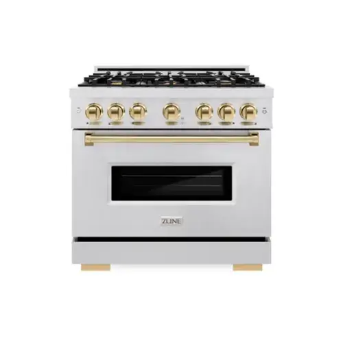 Front. ZLINE - ZLINE Autograph 36 in. Classic Dual Fuel Satin Steel Range w/ 6 Burners & Gold Accents (CDRSZ-36-G) - Stainless Steel.