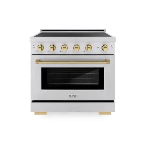 Front. ZLINE - Autograph 36 in. 5.2 cu. ft. Paramount Freestanding Induction Range with 5 Burners in Satin Steel with Gold Accents - Satin Stainless Steel.