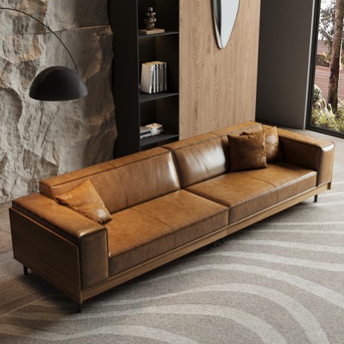 luck idea - 111.81" Luxury Oil-Waxed Leather Sofa, High-End Vintage Sofa, Sturdy Frame, Comfortable Seating - Brown-Front_Standard 