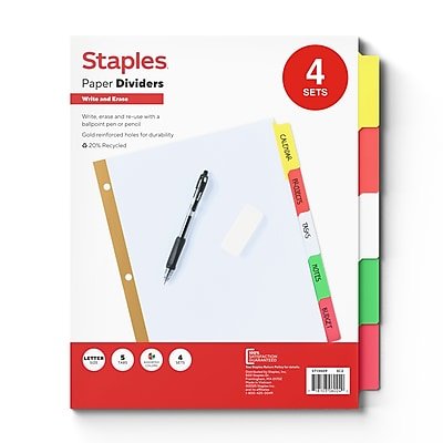 Staples - Write & Erase Paper Dividers, Colors, 5-Tabs, 4 Sets (13509/23176) - Assorted