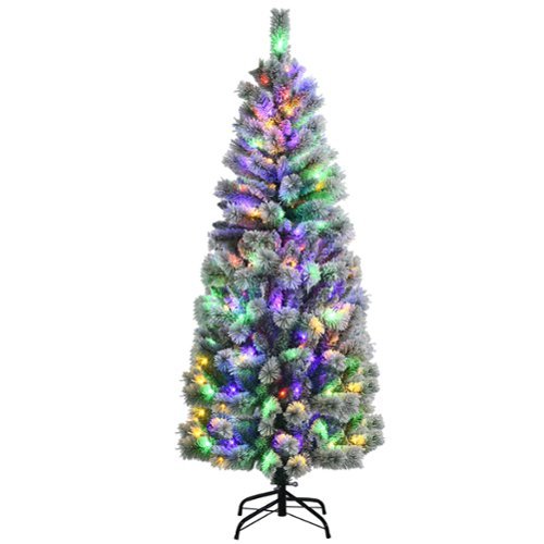 Costway - 6FT Pre-Lit Hinged Christmas Tree Snow Flocked w/9 Modes Remote Control Lights - Green/White