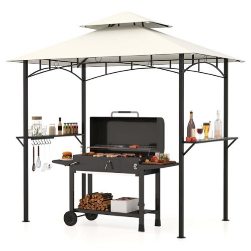 Costway - 8' x 5' Grill Gazebo with 2 Shelves 7 Hooks Metal Frame Soft Top - Beige-Front_Standard 