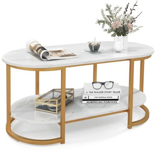 Costway White Marble Coffee Table  Modern 2-Tier Center Table with Open Storage Shelf - White and Gold