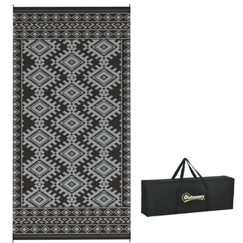 Outsunny - Outdoor Rug for Patio, 9' x 18' Waterproof Large Mat, Reversible Plastic Straw Rug for Décor - Black and Gray Rhombus Border-Front_Standard 