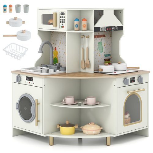 Gymax - Kids Play Kitchen w/Working Faucet & Sink Microwave & Dishwasher for Ages 3+ - Beige-Front_Standard 