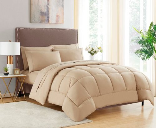 Sweet Home Collection - All Season Reversible Bed-in-A-Bag Solid Color Comforter & Sheet Set, Queen - Taupe-Front_Standard 