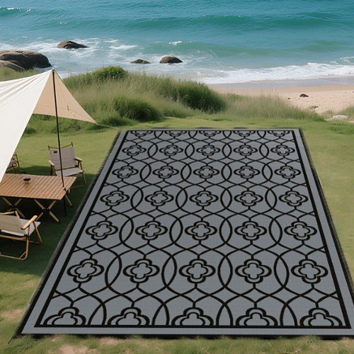 Outsunny - Outdoor Rug for Patio, 9' x 18' Waterproof Large Mat, Reversible Plastic Straw Rug for Décor - Black and Gray Lantern-Front_Standard 