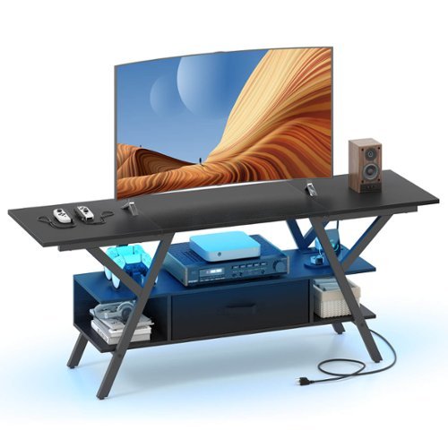 Costway - 3-Tier TV Stand with Power Outlets for 65" TVs, LED Lights & Remote Storage Shelves - Brown-Front_Standard 