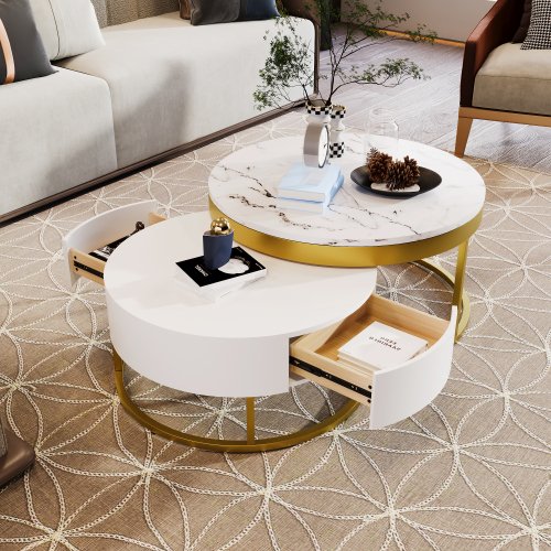Auledio Modern Round Nesting Coffee Table with Drawers White