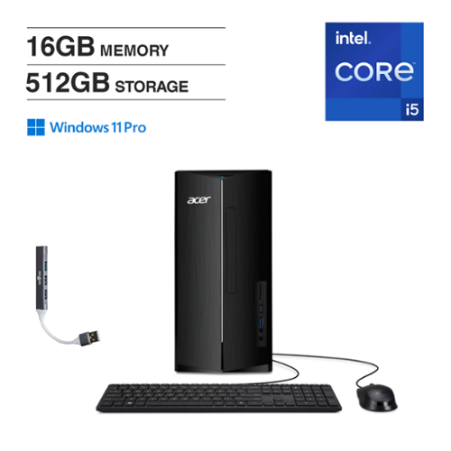Acer - Aspire Desktop (Intel i5-14400, 16GB DDR5, 512GB PCIe SSD, Intel UHD, Win 11 Pro) w/USB Hub - Black-Front_Standard 