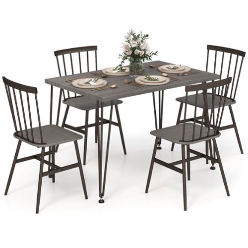 Gymax - 5PCS Dining Table Set for 4 Rectangular Kitchen Table & 4 Chairs w/ Metal Frame - Grey Oak-Front_Standard 