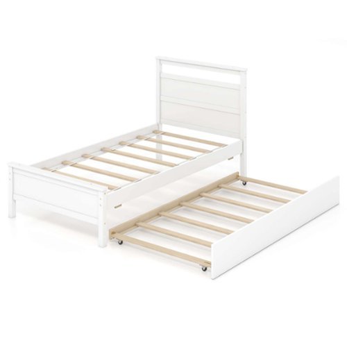 Costway Twin Size Platform Bed with Trundle Pull-out Trundle Headboard & Footboard - White