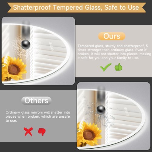 LOVMOR 24 x 24 Inches Round Tempered Glass LED Bathroom Mirror with Anti-Fog & 3-Color Dimmable Lighting - Silver WORLDWIDE DELIVERY