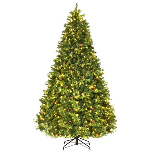 Costway - 8Ft Pre-Lit Christmas Tree Hinged 600 LED Lights Pine Cones - Green