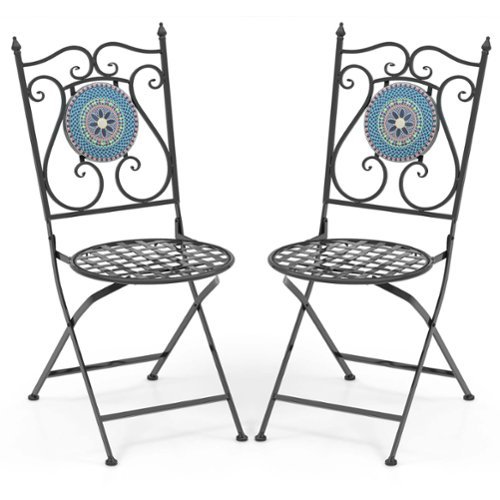Costway - Set of 2 Mosaic Chairs for Patio with Decorative Backrest Heavy-Duty Frame - Black-Front_Standard 