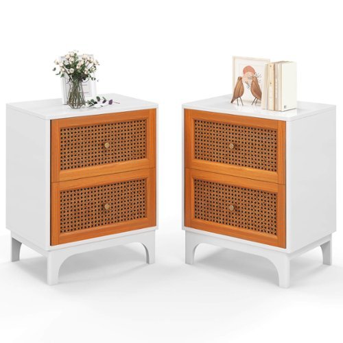 Costway 2 PCS Rattan Nightstand with Storage Wood End Sofa Side Table with 2 drawers Wood Legs - White + Brown