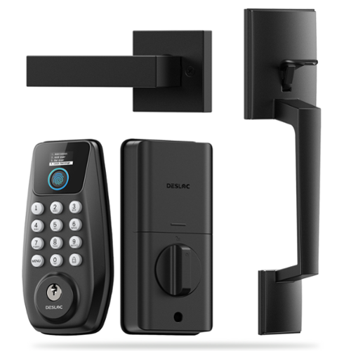 DESLOC - C110 Smart Door Lock with Visible Display and Fingerprint, Smart Keypad Deadbolt with Handle for Front Door - Black-Front_Standard 