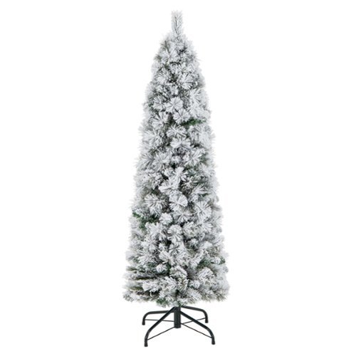 Costway - 4.5 FT Pre-Lit Slim Christmas Tree Flocked Decoration with Pine Needles & Lights - Green /White-Front_Standard 