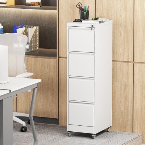 Mirfee - 4-Drawer Locking Vertical File Cabinet on Wheels, Heavy-Duty - White-Front_Standard 