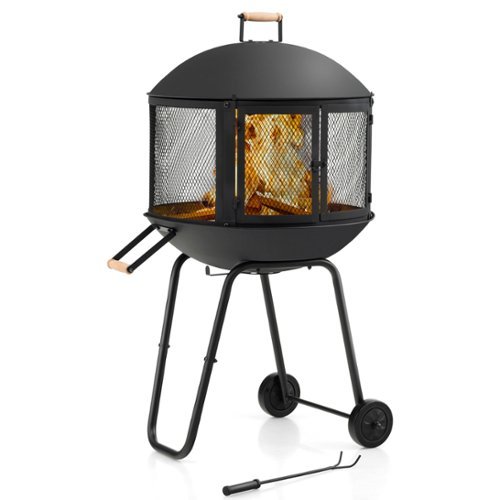 Costway 28" Patio Rolling Fire Pit Wood Burning Firepit w/ Wheels Mobile Fireplace - Black