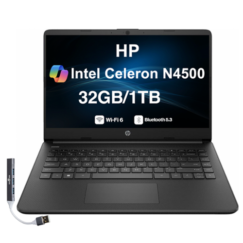HP - Upgraded - 14 Laptop 14.0 HD (Intel Celeron N4500, 32GB DDR4, 1TB PCIe SSD, Intel UHD, Win 11 Pro) w/USB Hub - Jet Black-Front_Standard 