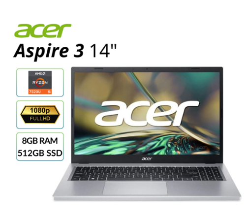 Acer - Refurbished Excellent - Aspire 3 A314-23P-R3QA 14" Notebook AMD Ryzen 5 7520U 8GB Ram 512GB SSD Windows 11 Home - Silver-Front_Standard 